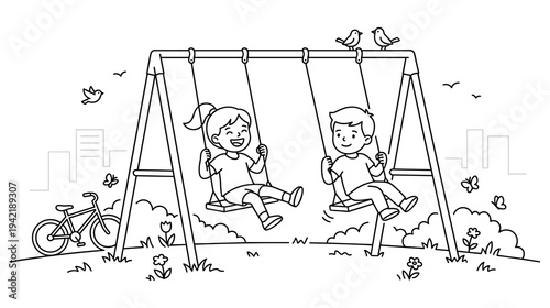 Kids playing on swing set coloring book illustration with city skyline