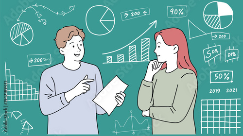 Professional Business Analysts Discussing Financial , Concept of Corporate Strategy Planning, Data Science Statistics Visualization, Economic Growth Analysis, and Teamwork Vector Illustration