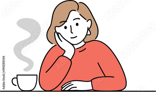 Pensive Young Woman Relaxing with Hot Coffee or Tea, Concept of Peaceful Morning Routine, Personal Mindfulness Moment, Calm Leisure Time, and Cozy Home Atmosphere Vector Illustration