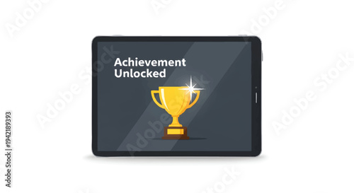 Achievement unlocked trophy on tablet screen, symbolizing success