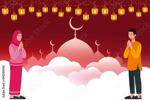 Eid greeting scene with Muslim woman and man praying, mosque domes and crescent moon behind clouds, golden lantern string lights on red background, Ramadan celebration banner