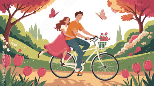 Romantic Couple Riding Bicycle in Spring Park with Flowers and Butterflies Illustration