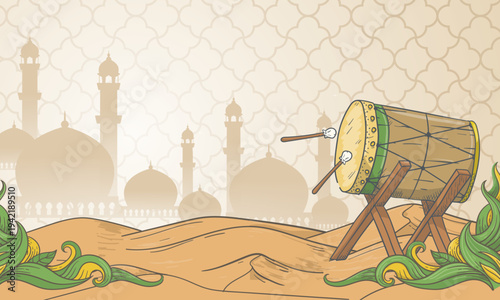 Islamic drum (bedug) on wooden stand in desert landscape with mosque silhouettes and arabesque pattern background, Ramadan festive banner template with copy space