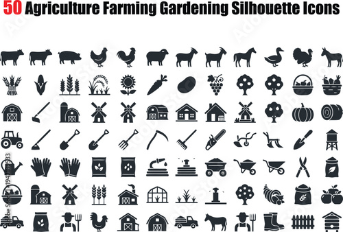 50 Agriculture Farming Gardening Silhouette Icons Set