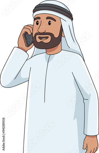 Smiling Arab Businessman in Traditional Thobe Talking on Smartphone Cartoon Vector