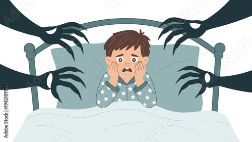 Scared Little Boy Having Nightmares in Bed, Concept of Childhood Night Terrors, Fear of the Dark, Psychological Anxiety Monsters, and Sleep Disorder Problems Vector Illustration