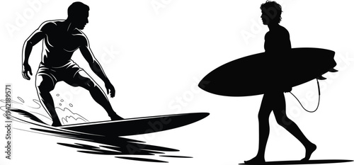 Silhouette vector illustration featuring two male surfers with one riding a wave and another walking on the beach carrying surfboard.