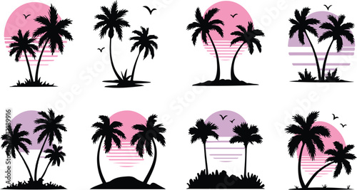 Palm tree silhouettes with tropical sunrise and mountains landscape vector illustration set featuring pink sun tropical nature scene