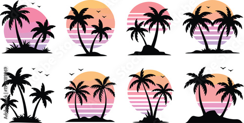 Palm tree silhouettes with tropical sunrise and mountains landscape vector illustration set featuring pink sun tropical nature scene