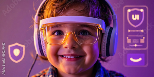 Close-up of a smiling child wearing futuristic glasses and headphones against a purple background with icons