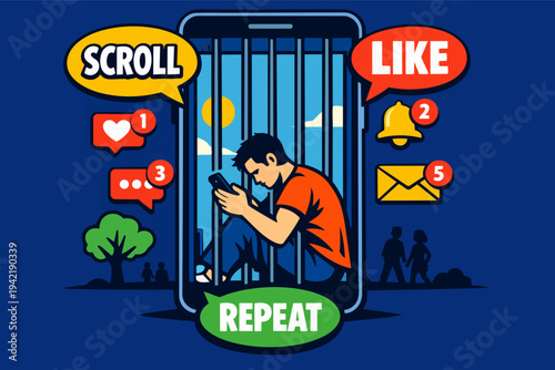 Young man trapped inside a smartphone, addicted to social media scrolling, liking, and notifications, leading to digital isolation