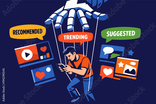 Algorithmic control manipulating social media users, recommending trending content and influencing behavior