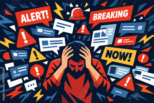 Person overwhelmed by information overload, breaking news, push notifications, and digital stress causing anxiety