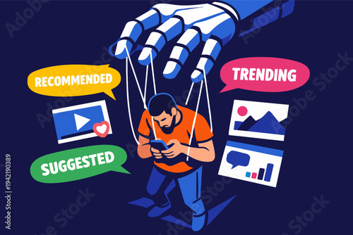 Robot hand controlling a man's actions like a puppet through content recommendations and trends on a smartphone
