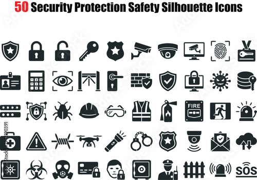 50 Security Protection Safety Silhouette Icons Set