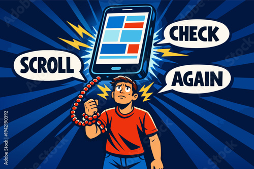 Young man struggling with smartphone addiction, feeling bound by digital slavery and technology overload