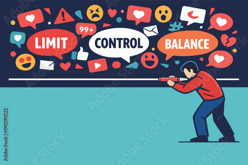 Man pushing social media icons away, seeking control, balance, and limits on digital usage for a healthier lifestyle