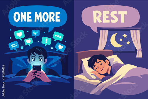 Person choosing healthy lifestyle for better sleep versus late night phone use and social media addiction causing insomnia