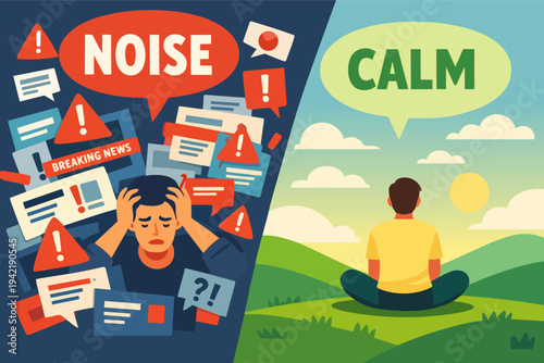 Man experiencing digital noise and information overload finding calm through meditation and digital detox