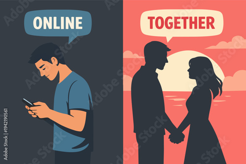 Online interaction versus real-life connection, illustrating social media addiction and isolation from human bonding
