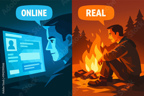 Person living dual life, contrasting digital online interaction with physical real-world activity, finding balance between technology and nature