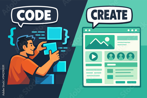 Developer creating website layout using code and concepts of programming, web design, and software development