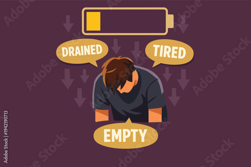 Man experiencing burnout and exhaustion, feeling tired and drained with low energy battery indicator