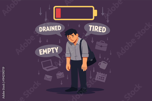 Drawing showing a man feeling exhausted and stressed at work, representing mental fatigue, depletion, and a need for rest