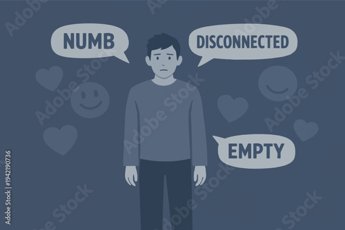 Man feeling numb, disconnected, and empty with sad expression, surrounded by muted hearts and smiles
