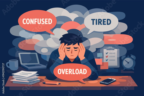 Man feeling overwhelmed, confused and tired from work pressure, experiencing burnout and mental fatigue at desk