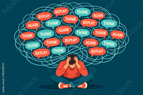 Person sitting hands on head, feeling overwhelmed by a chaotic network of repetitive thoughts and speech bubbles