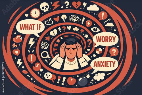 Man feeling overwhelmed with constant worry, anxiety, and overthinking, trapped in a spiral of negative thoughts and stress