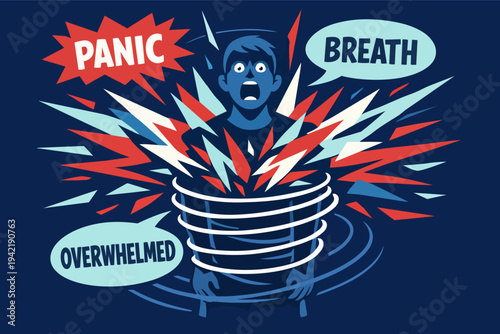 Person experiencing panic attack, feeling anxious and overwhelmed, struggling with breath, mental health concept