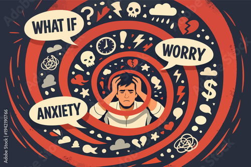 Stressed man suffering from mental health issues and overthinking, experiencing spiraling anxiety and worry