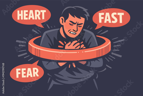 Man experiencing anxiety or panic attack with racing heart and fear, having chest pain, surrounded by stress