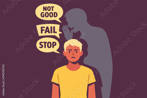 Man receiving negative messages from a shadow figure, experiencing self-doubt and inner critic thoughts