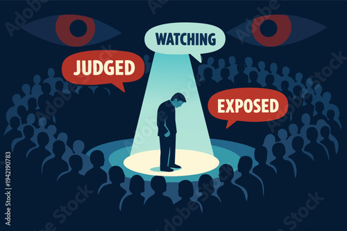 Person standing in spotlight feeling judged and exposed by watching crowd and large ominous eyes, social anxiety concept