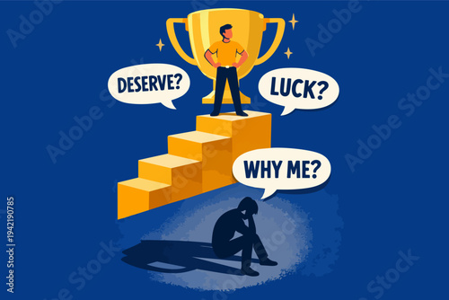 Person experiencing imposter syndrome standing on a winner's podium with doubts while a sad shadow sits below