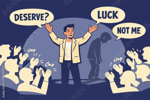 Man experiencing imposter syndrome while receiving applause on stage, feeling unworthy of success and recognition