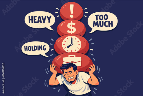 Man struggling with heavy burden of work, financial issues, and time pressure leading to stress and burnout