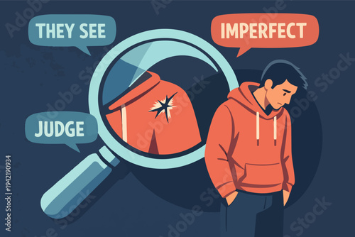 Depressed person viewing self as imperfect, facing judgment from others observing flaws with a magnifying glass