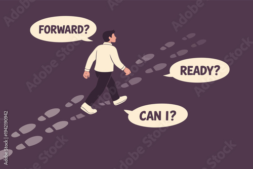 Young man contemplating his next steps, unsure about the journey ahead, questioning his readiness and ability to move forward