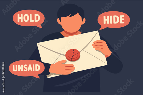 Person with speech bubbles hold, hide, unsaid, keeping a secret message in an envelope with a broken stamp
