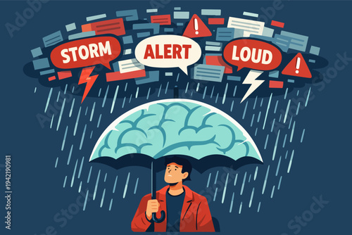 Man sheltering brain from mental storm with umbrella, managing stress, anxiety, and information overload
