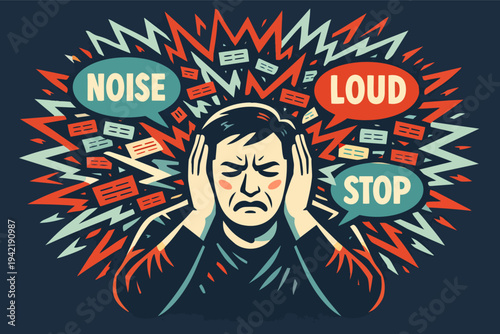 Man covering ears, experiencing headache and mental stress from overwhelming noise. Concept of sound pollution and sensory overload