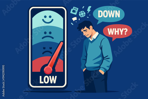 Man feeling sad and anxious, measuring low mood on emotional scale during mental health struggle