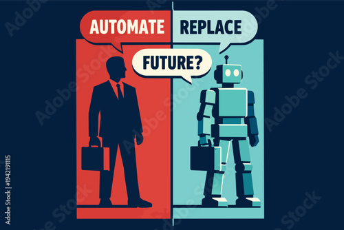 Future of work debate: businessman and robot discussing automation and replacement in job market