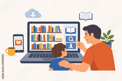 Father and son using a laptop to access an online library with digital books. E-learning and home education concept with a man and child browsing a virtual bookshelf on a computer screen.