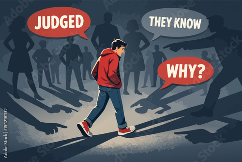 Young man walking through crowd feeling social anxiety, being judged and pointed at with negative thoughts