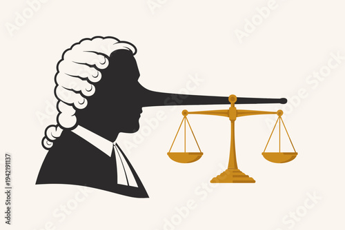 Vector Illustration of a Judge Silhouette with a Long Nose Balancing the Scales of Justice, Representing Legal Corruption, Dishonesty, Lying, Unfair Trials, and Bias in the Judicial System.